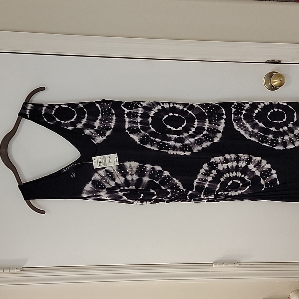 NWT INC 1X black and white tie dye maxi dress with fringe bottom